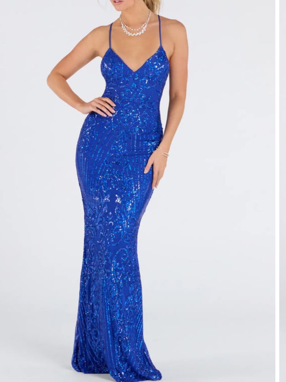Windsor Royal Blue Sequin Spaghetti Strap Prom Dress